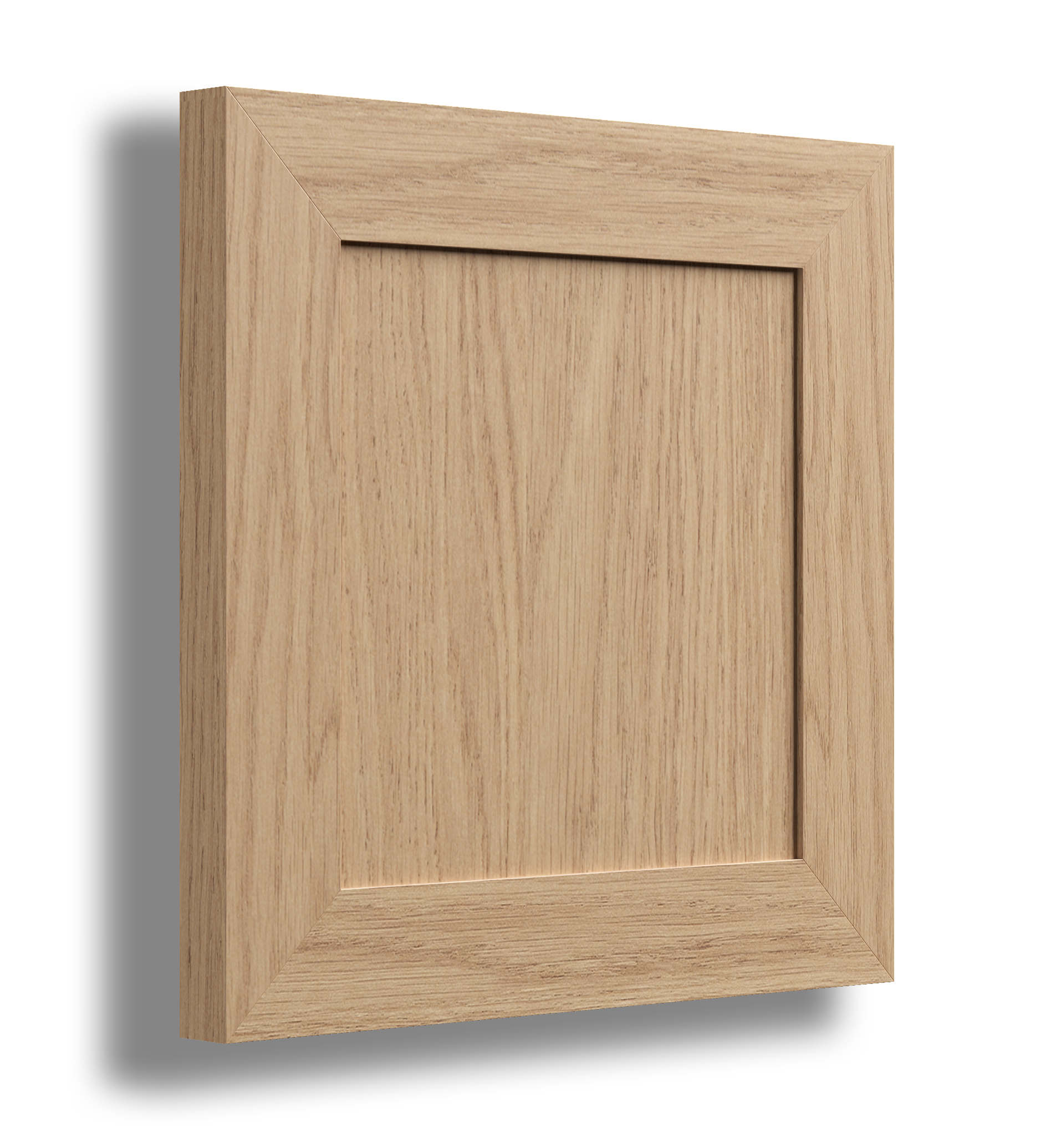 A wooden kitchen cabinet door with a natural wood finish and a beveled frame.