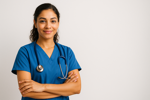 Young female nurse in blue scrubs with stethoscope around her neck standing with arms crossed against a plain white background.