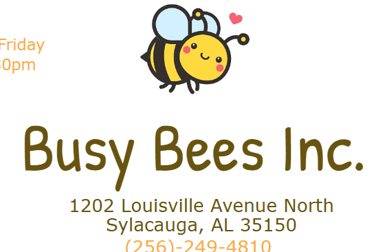 Business card for Busy Bees Inc. with a cute cartoon bee and pink heart, featuring address in Sylacauga, Alabama, and phone number.