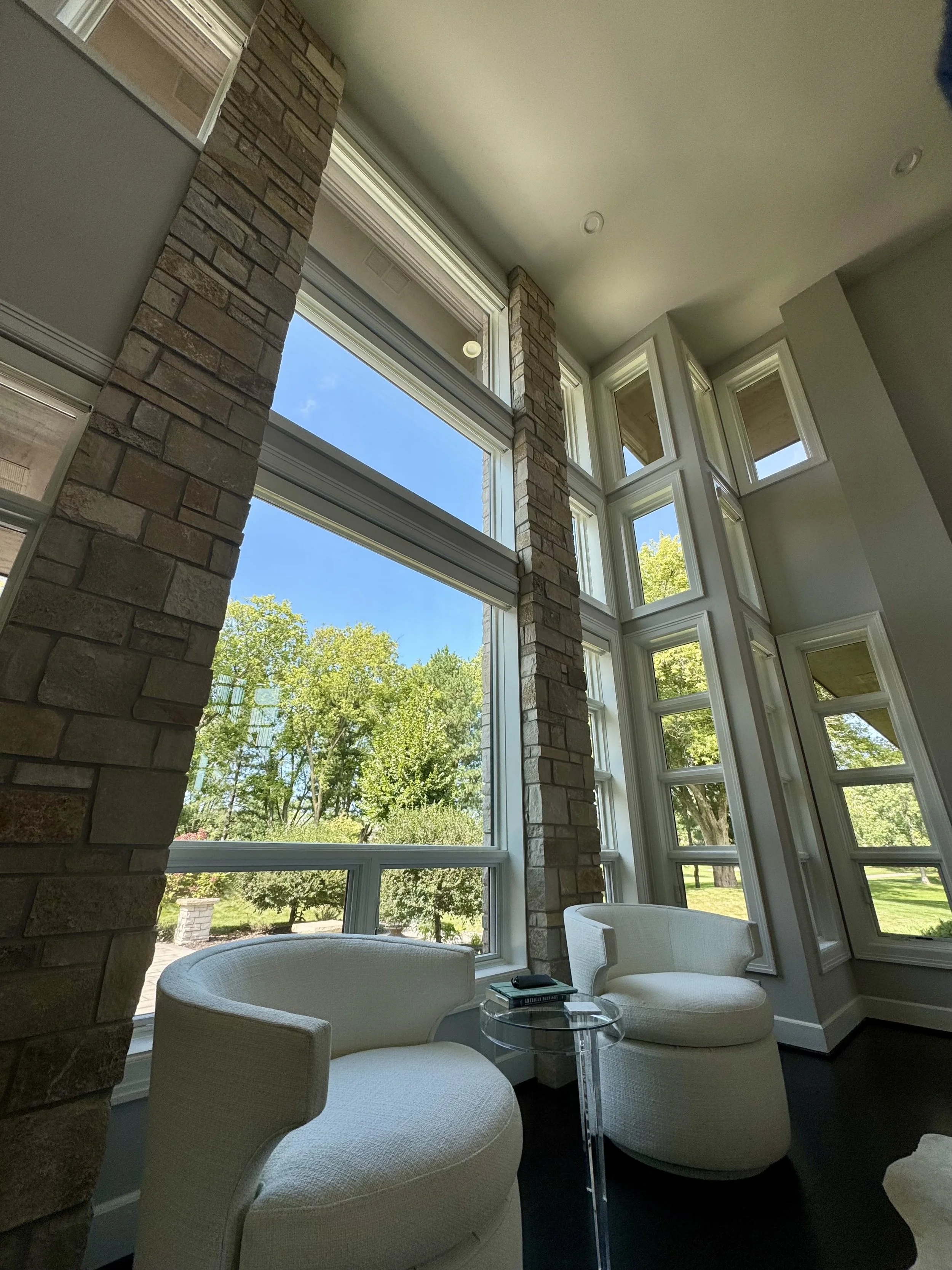 Tall interior residential windows after professional cleaning in southeast Wisconsin