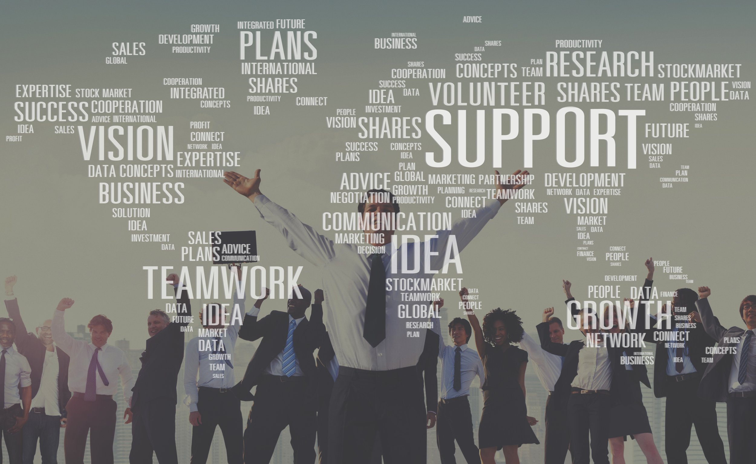 A group of diverse businesspeople in formal attire raising their fists in celebration or solidarity, with motivational words related to business, growth, and success floating above them in the sky.