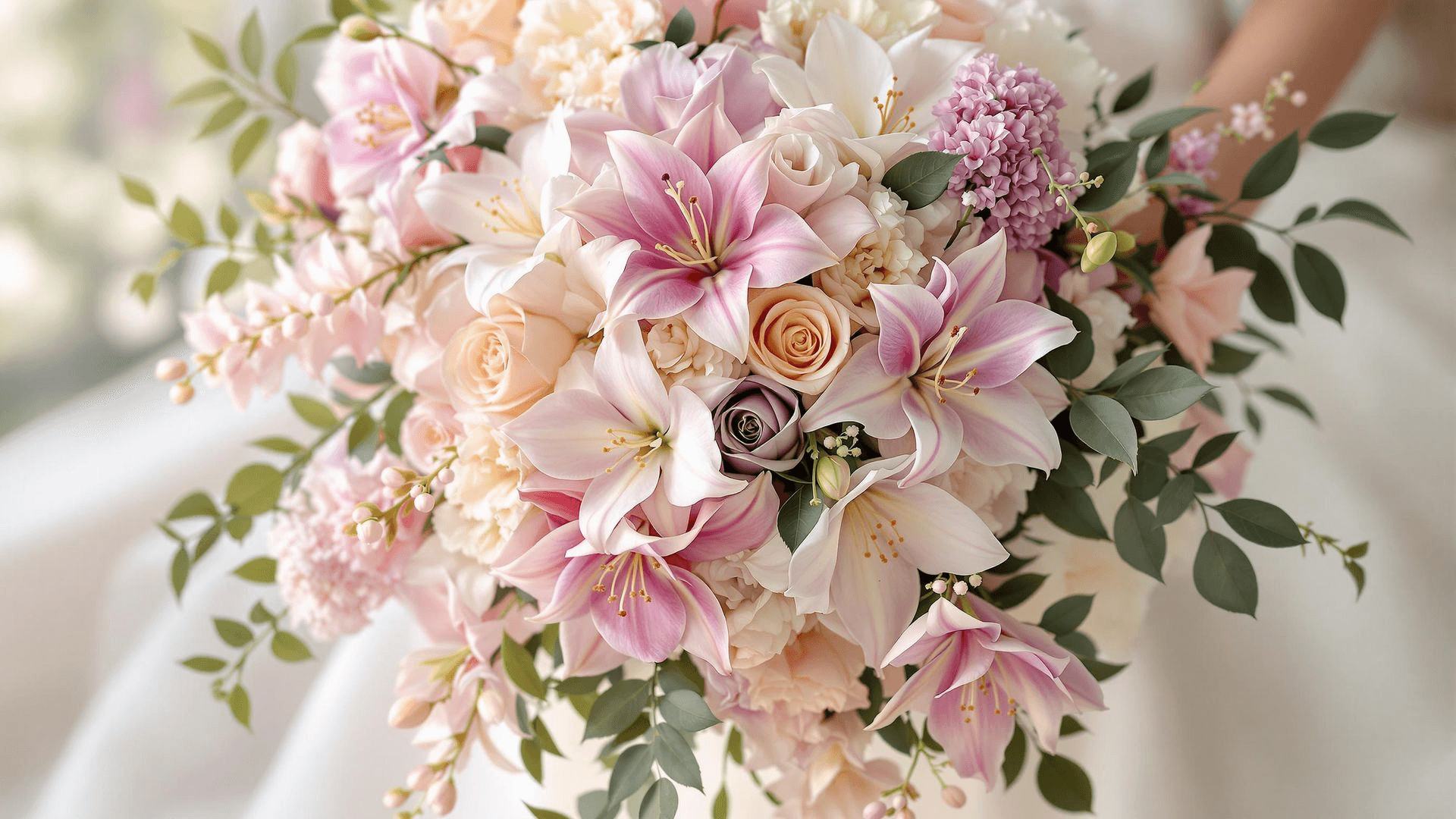 A bouquet of pink, white, and purple lilies, roses, and other flowers with green leaves.