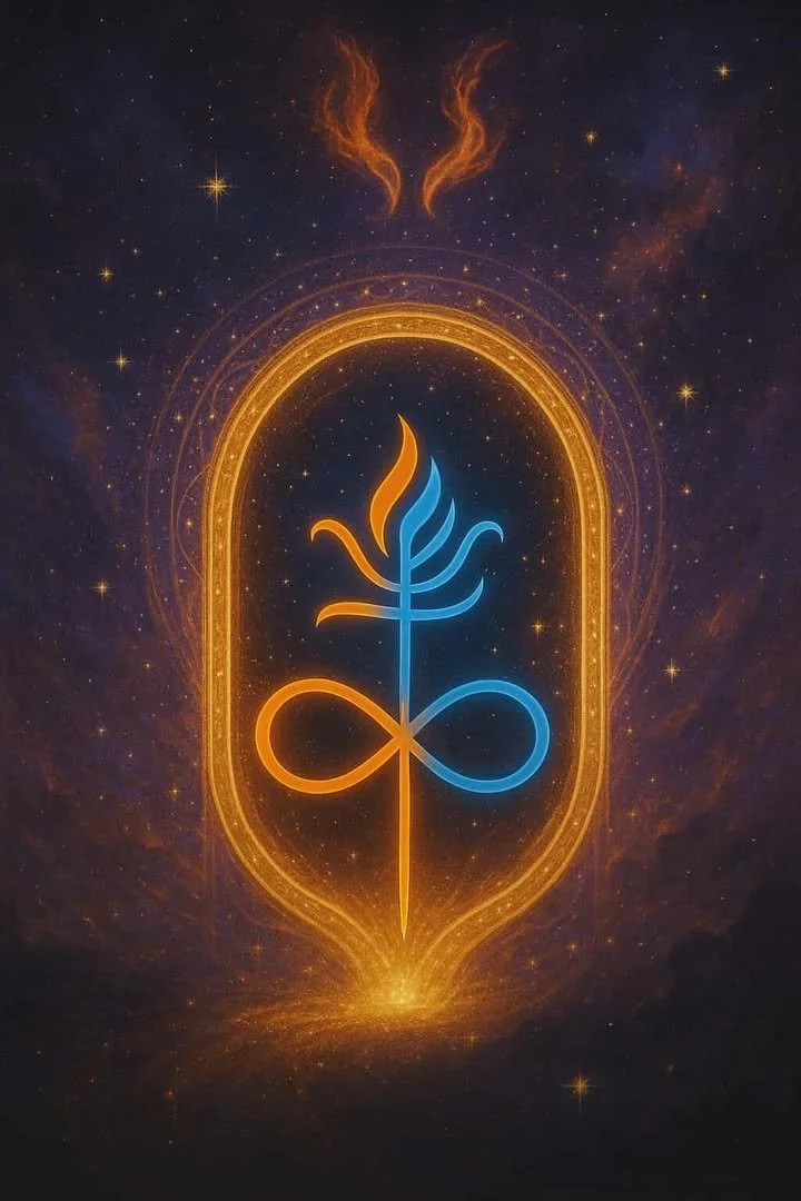 A glowing mystical symbol with a flame-like design in orange and blue, surrounded by a luminous golden oval, set against a starry cosmic background with nebulae and two fiery wisps at the top.