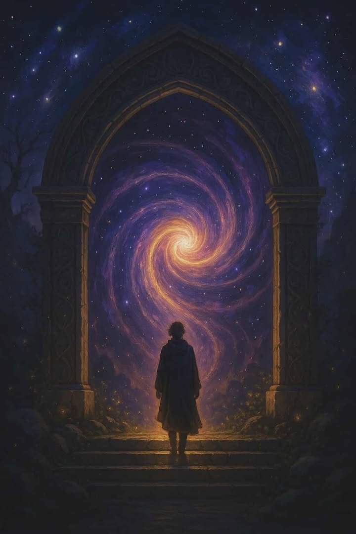 A person standing under a stone archway watching a swirling galaxy in the night sky, with stars shining brightly.