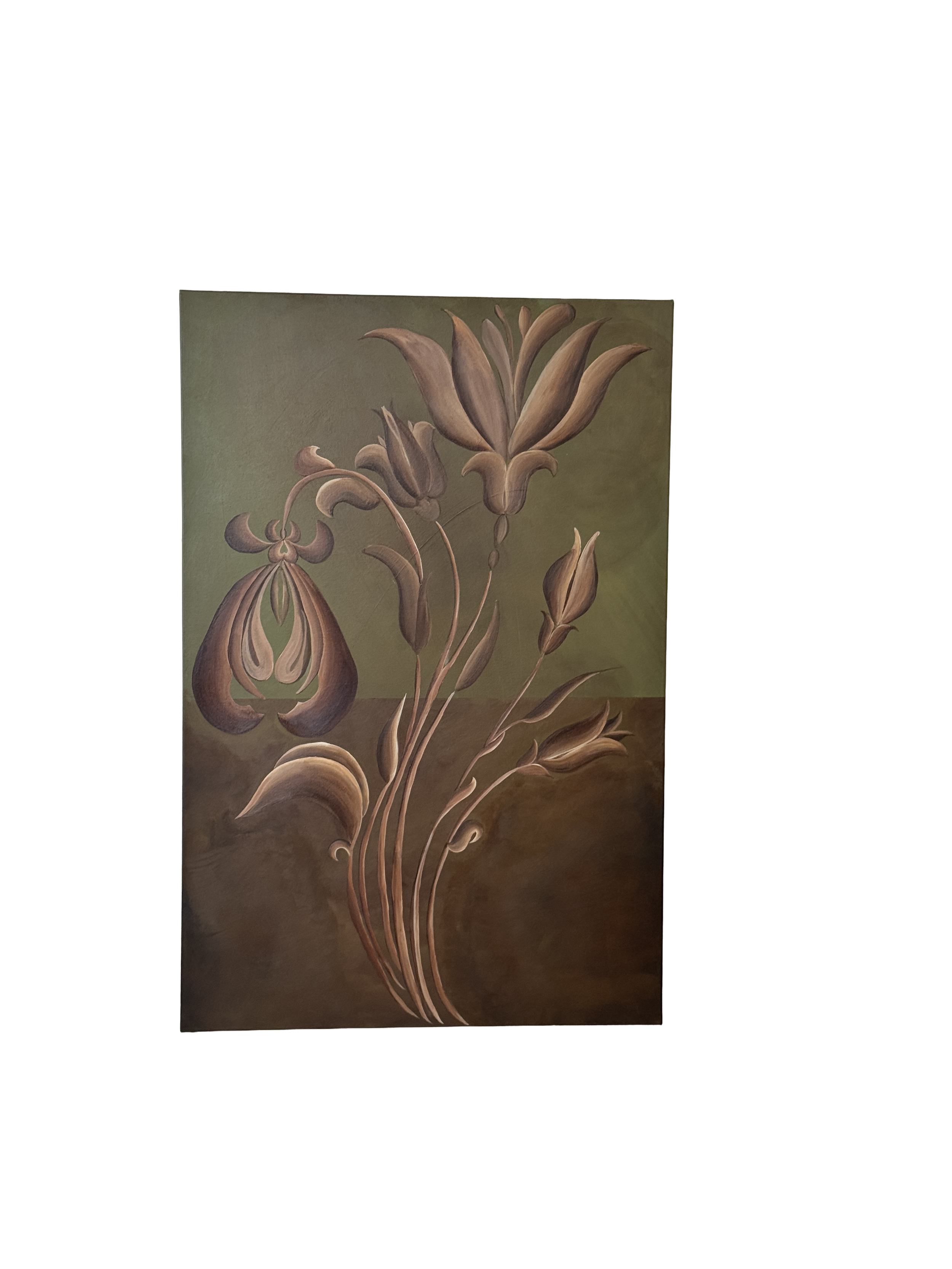 A painting of stylized brown lilies on an olive green background.