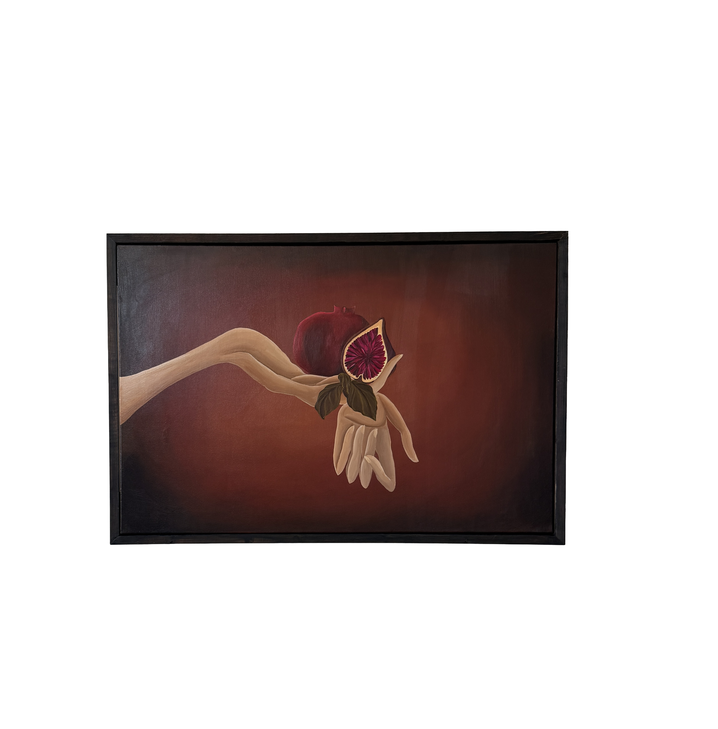 Framed oil painting of a woman with long hair holding a pomegranate flower against a dark red background.
