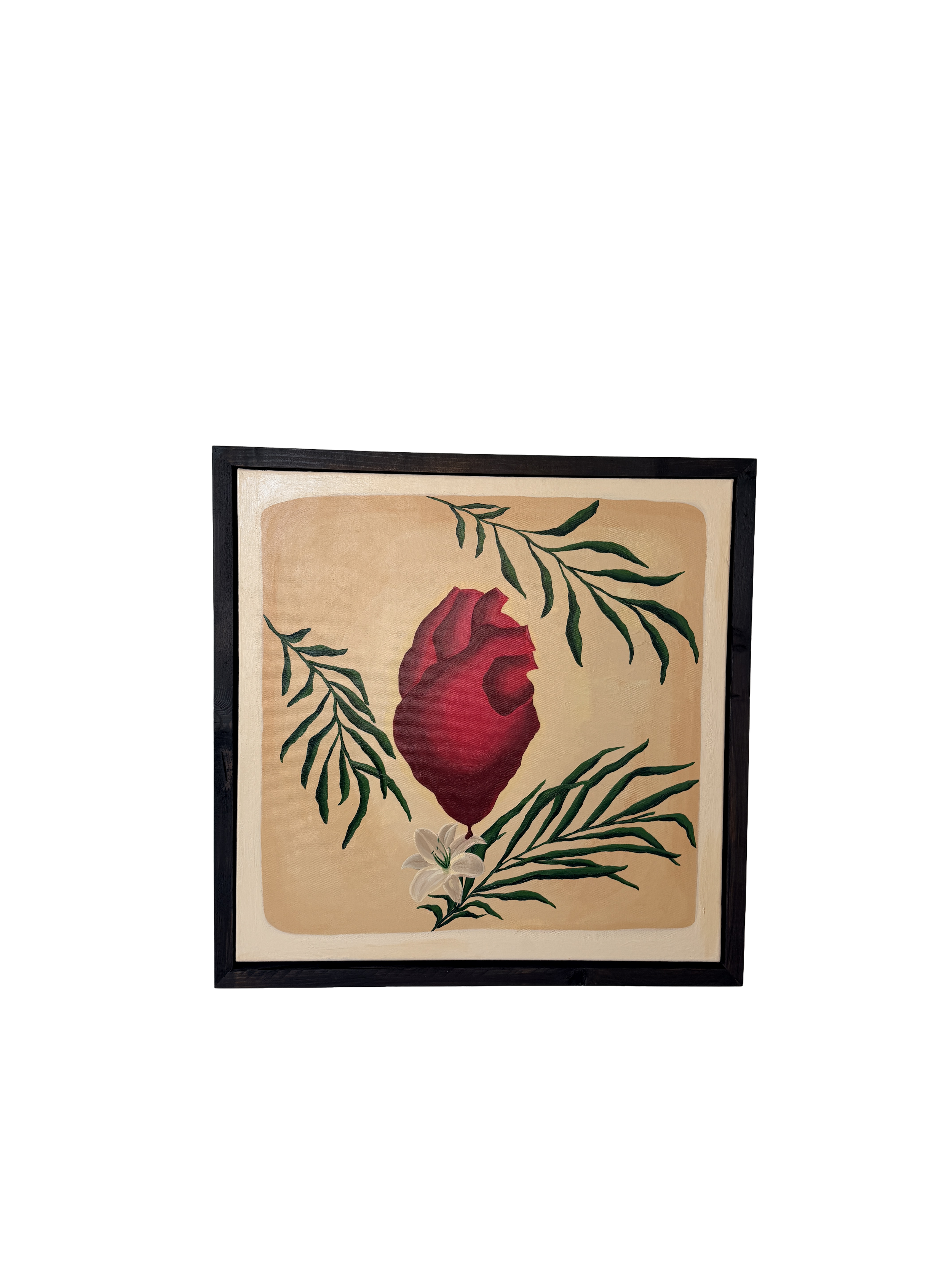 Framed botanical artwork featuring a red heart-shaped flower, surrounded by green leaves and a white lily, on a beige background.