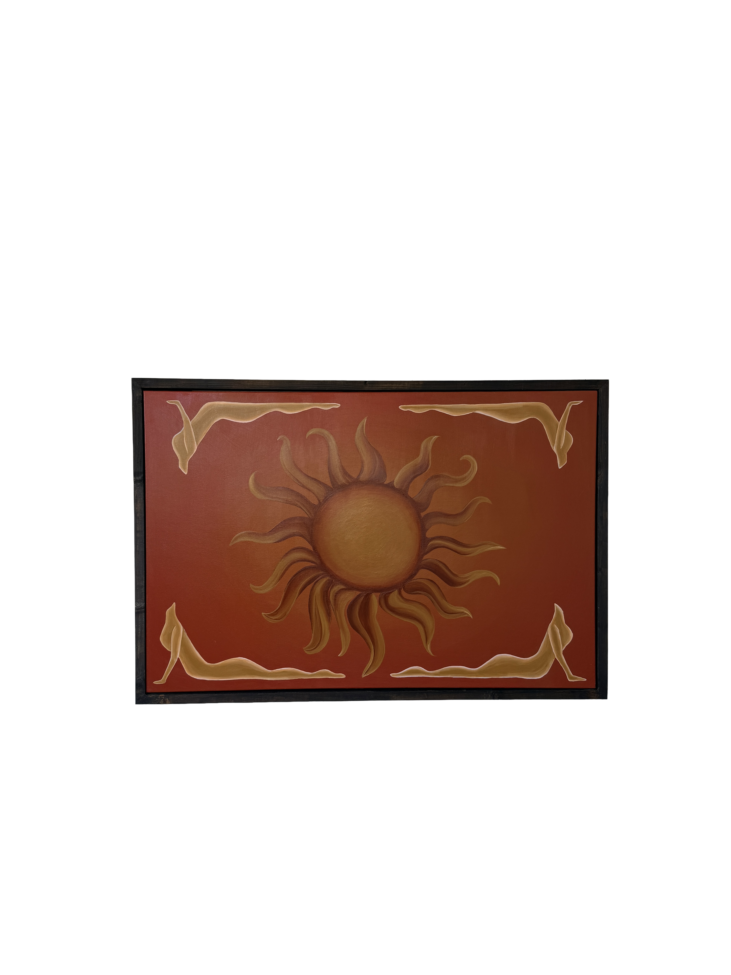 A painting featuring a stylized sun with a circular center and wavy rays extending outward, surrounded by a decorative border with flowing, organic shapes on a warm, orange-red background.