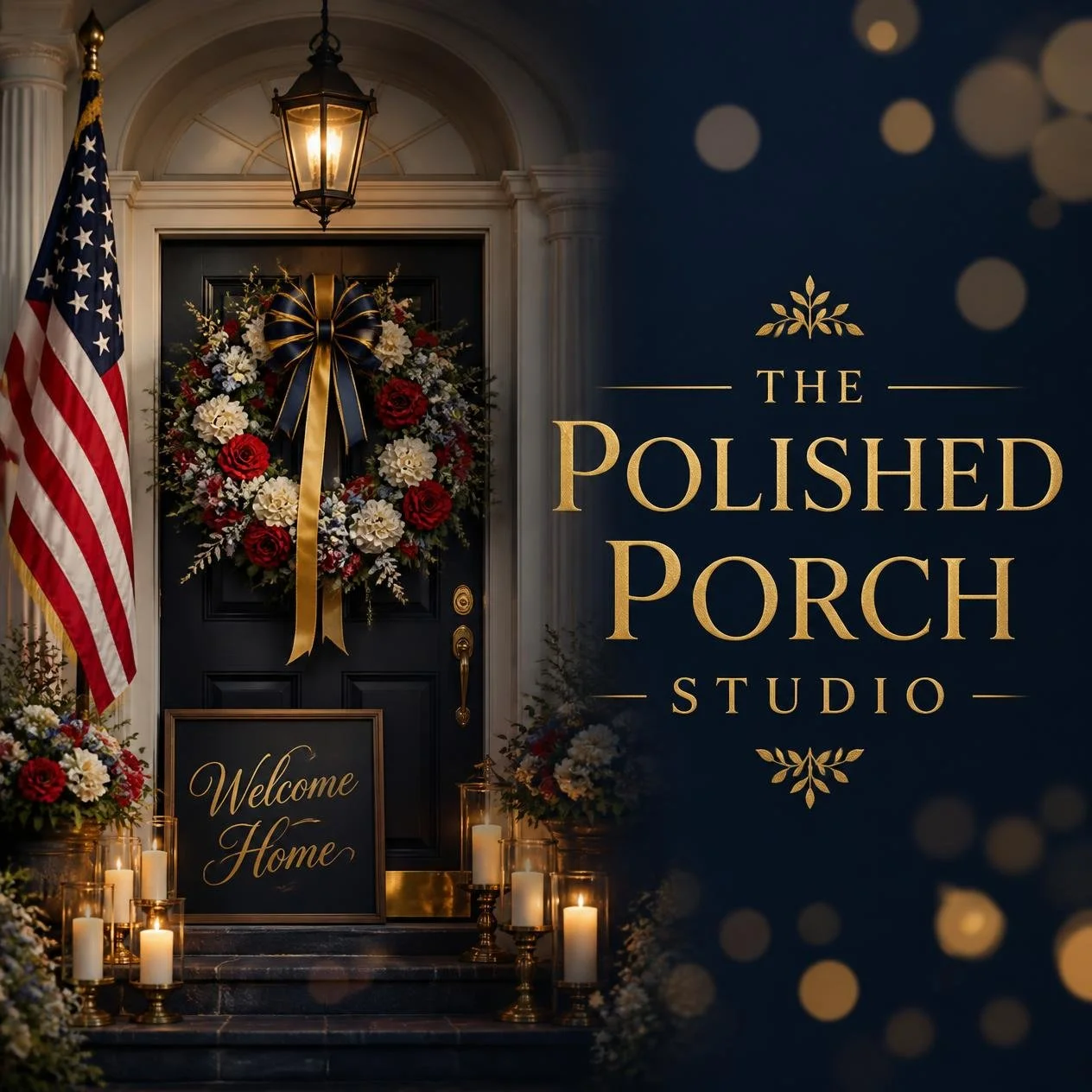 Refined and emotional military homecoming stoop design logo concept for The Polished Porch Studio, stunning front door decorated with grand patriotic wreath of red white and blue fresh florals, satin ribbon in navy.jpg