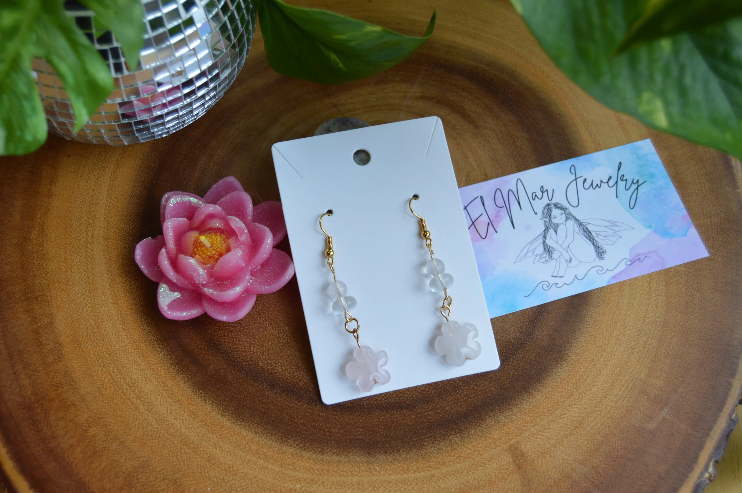 Rose Quartz Flower Crystal Earrings