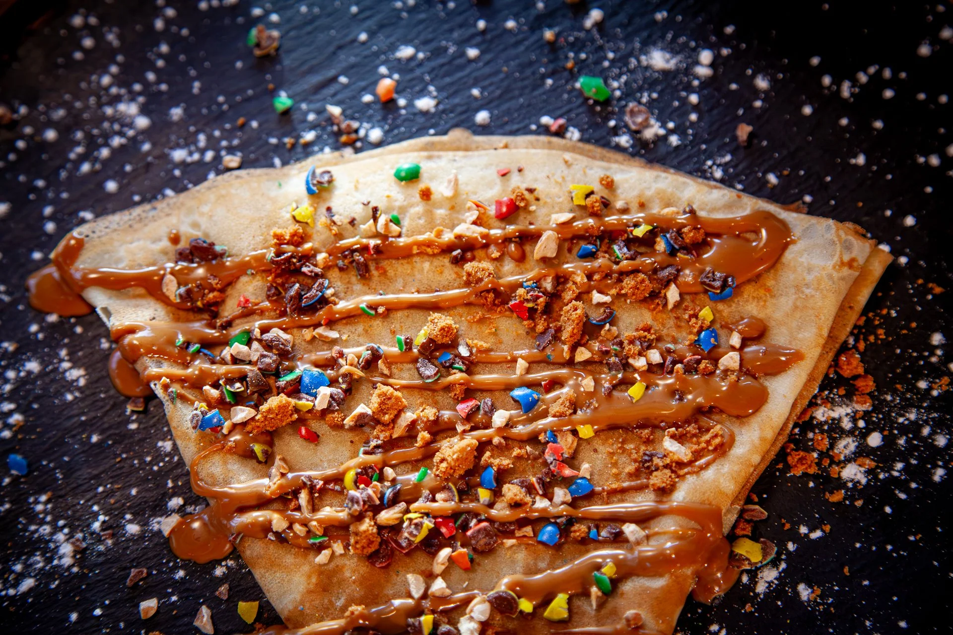 Food Truck Gwinizh-Du, Crêpe Crème de Spéculoos, éclats de m&m’s spéculoos émiettés