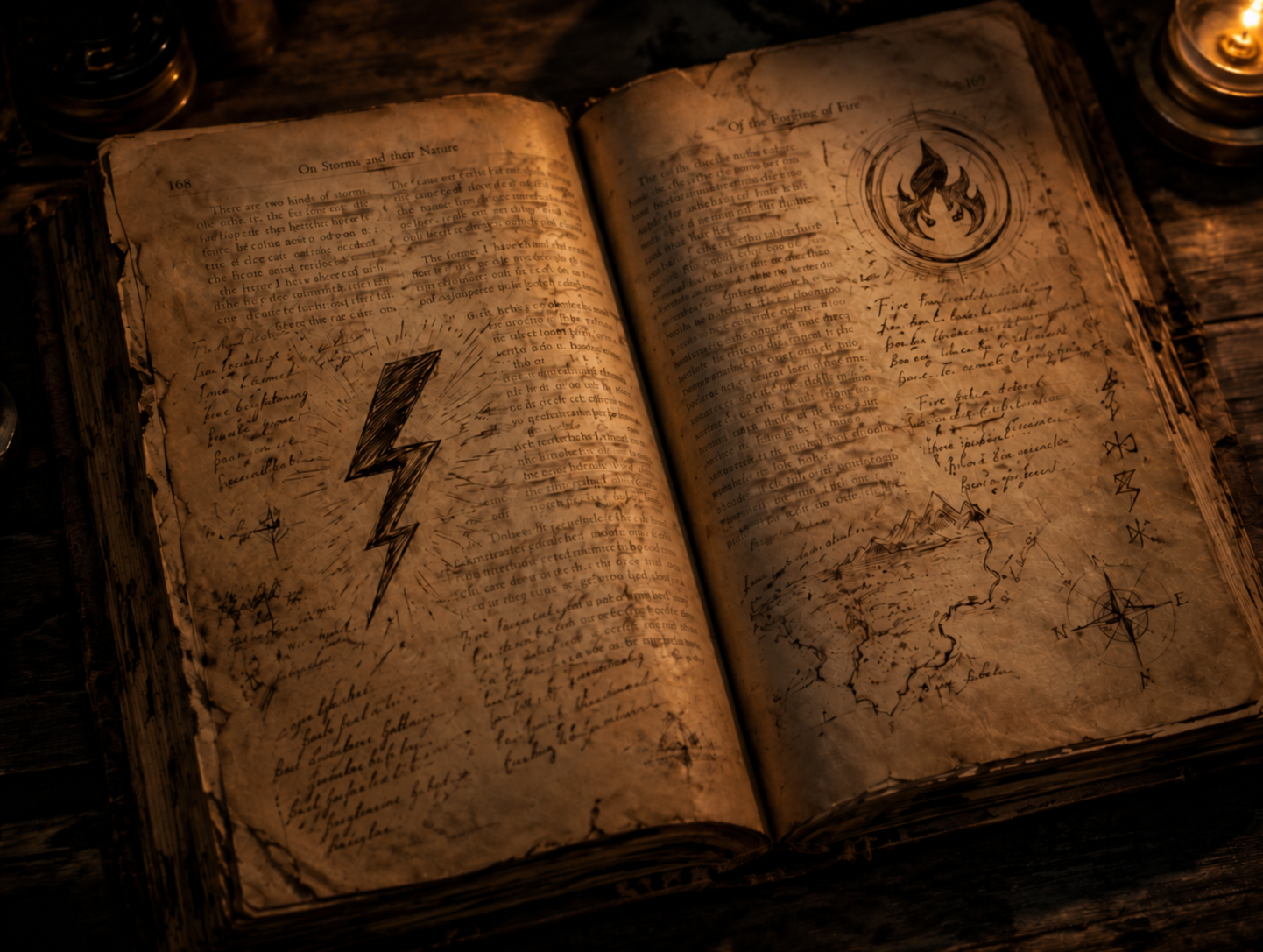 An open old book with handwritten notes, illustrations of a lightning bolt, a flame circle, and a compass rose. The pages are worn and illuminated by warm lighting.
