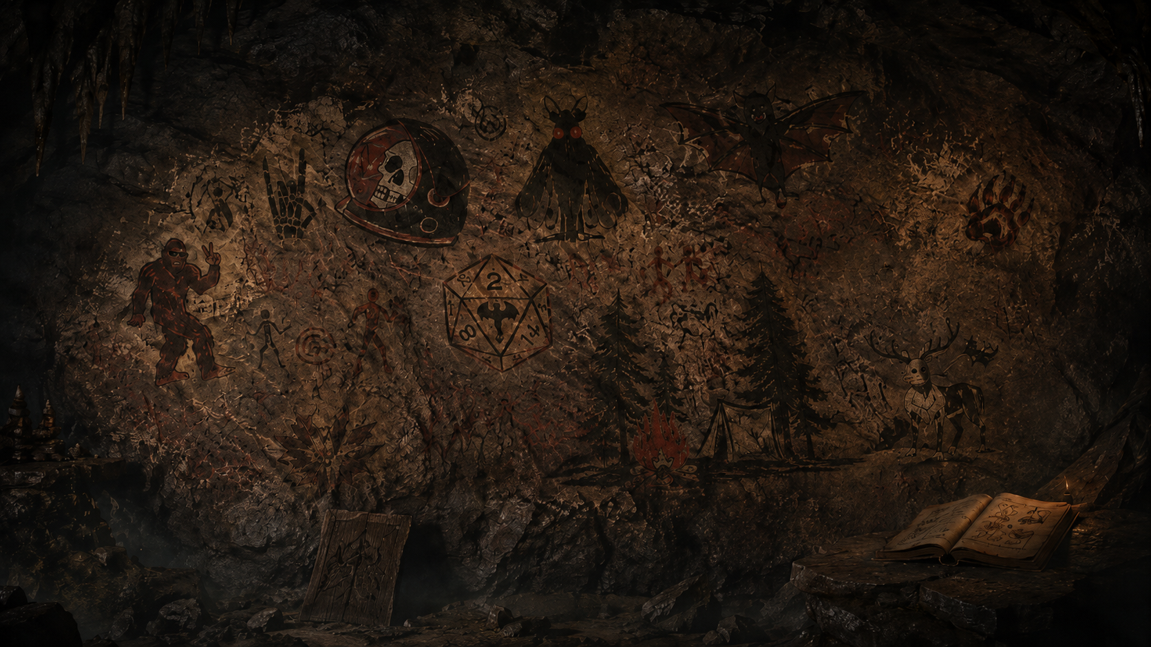 Painted cave wall with fantasy and adventure-themed illustrations including monsters, a dragon, trees, and a campfire, with an open book on a rock in the foreground.