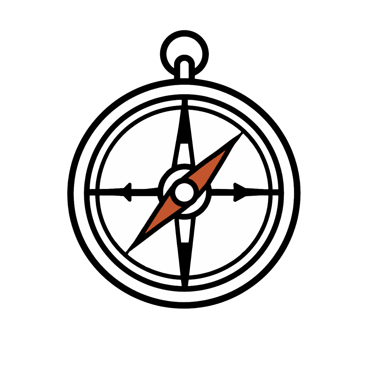 A black and white illustration of a compass with a brown arrow pointing northeast against a black background.