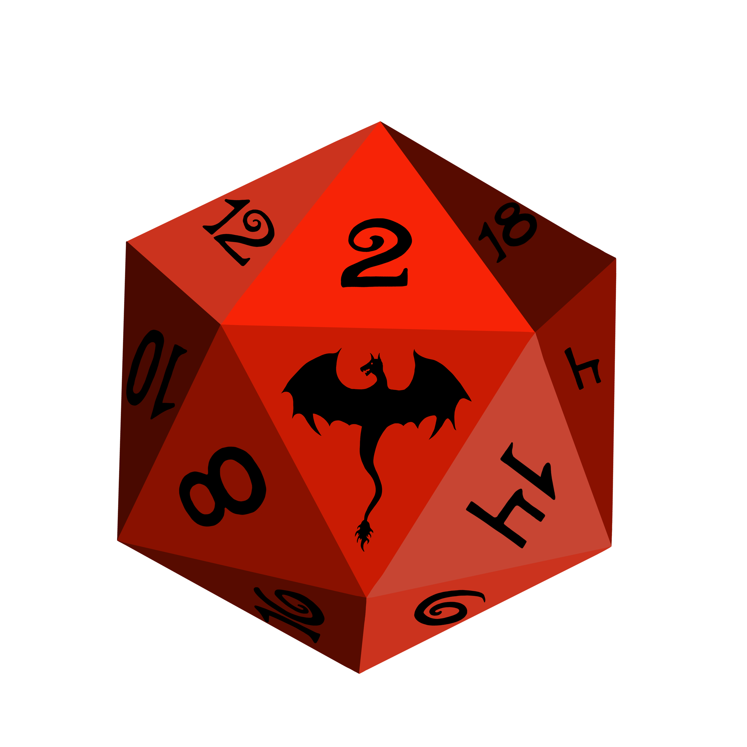 Red twenty-sided die with black numbers and a dragon illustration on the front face, set against a black background.