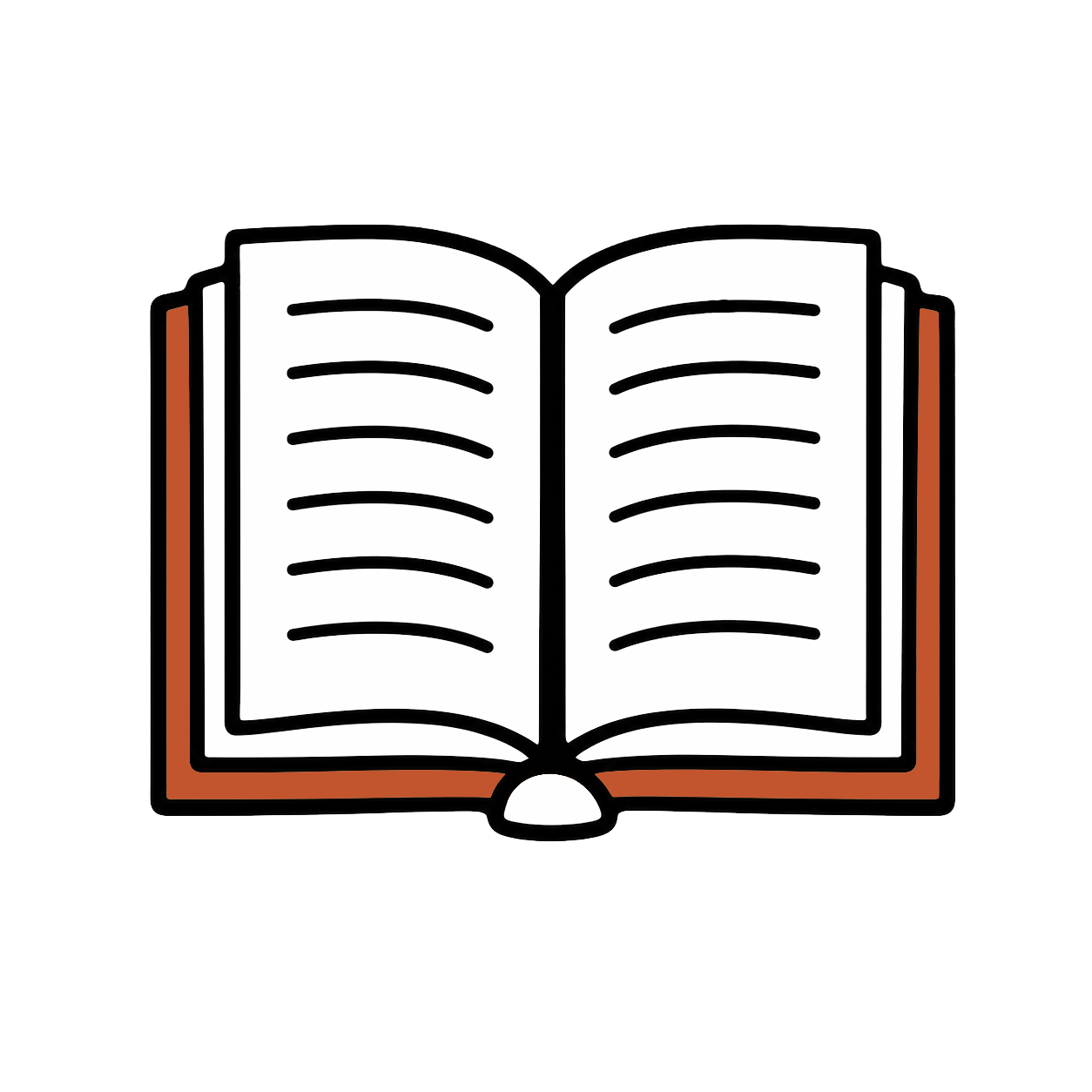 Illustration of an open book with black outline and brown cover, with blank lines on the pages, against a black background.