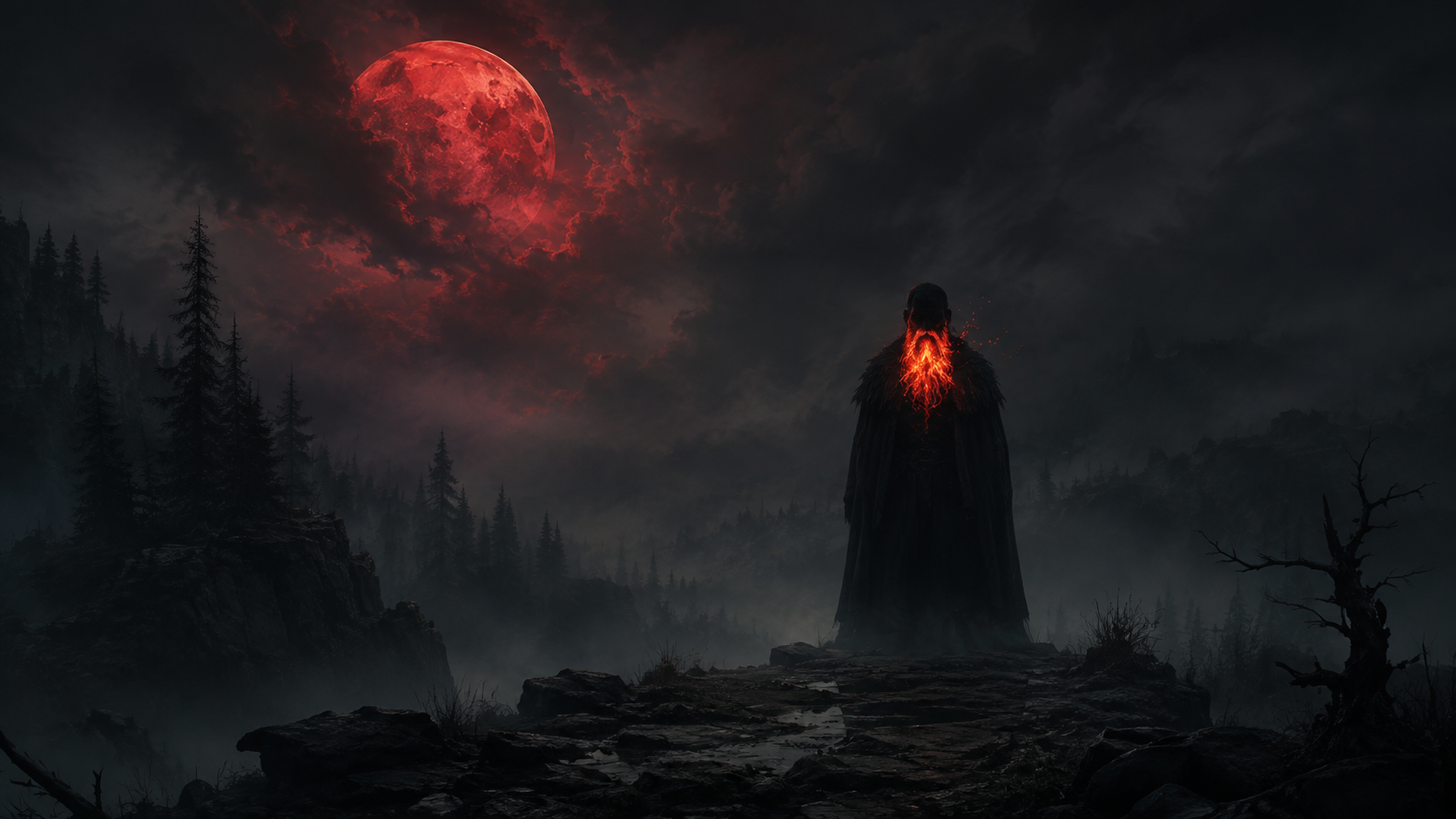 A dark, foggy landscape with dense pine trees, a rugged rocky foreground, and a large red moon in a stormy sky. A mysterious figure with a glowing red beard and a black cloak stands on the rocks, looking out over the scene.