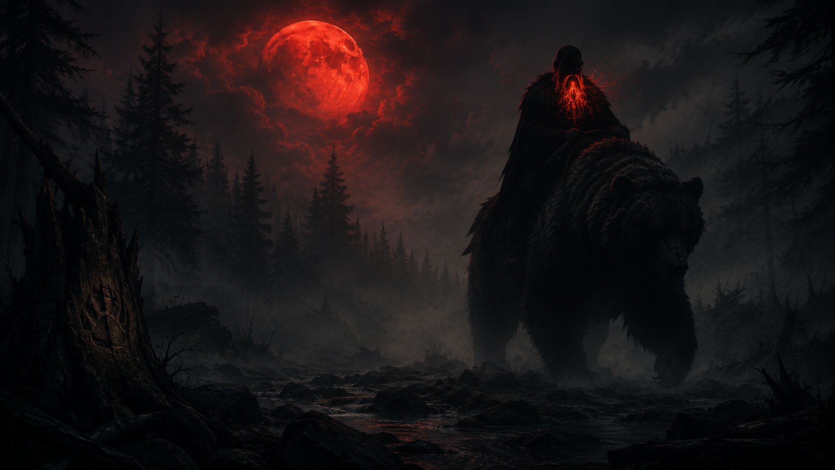A dark forest scene at night with a large, red moon in the sky, a bear walking on rocks, and a figure riding the bear with a glowing red beard.