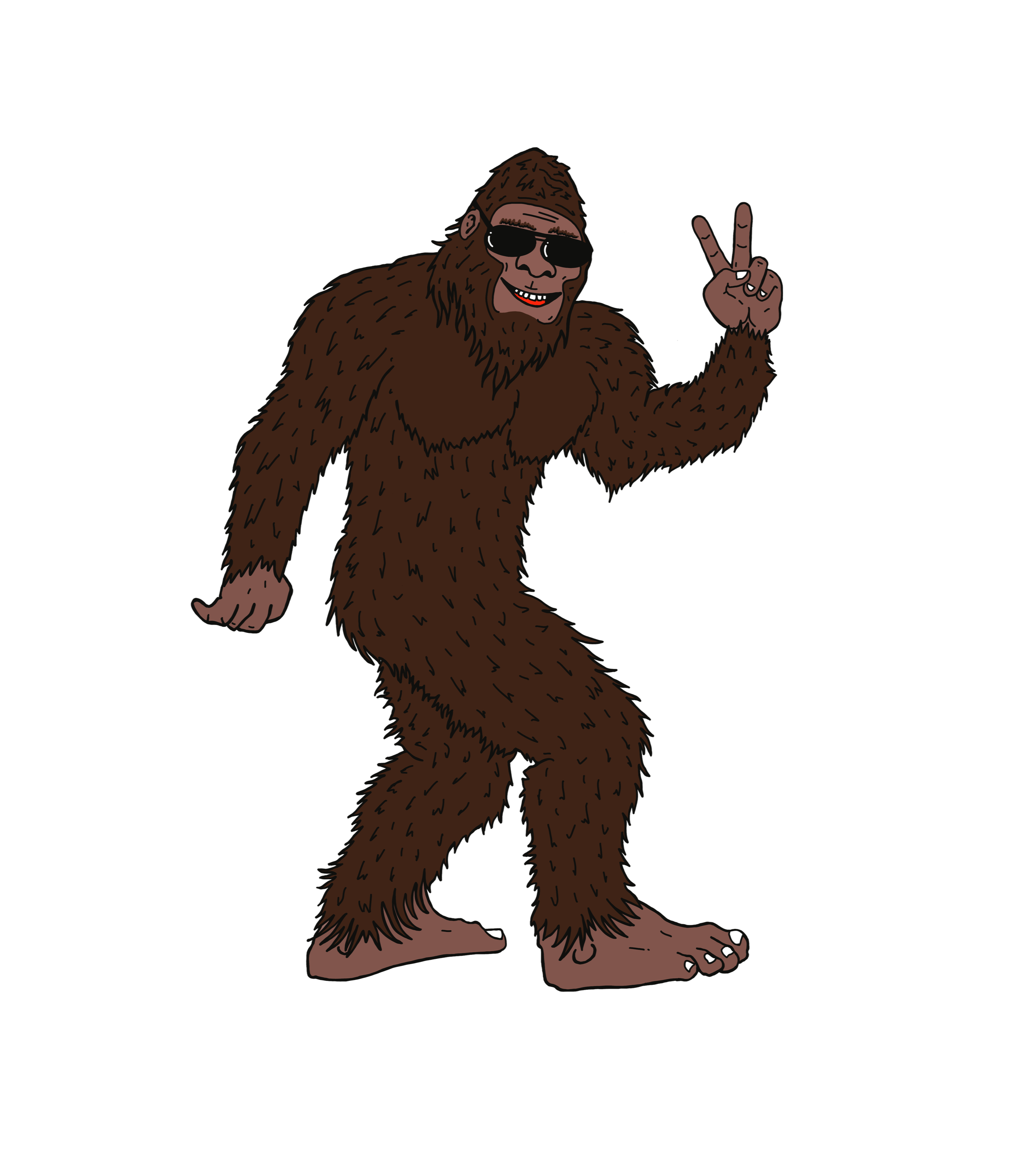 Cartoon image of a bigfoot/ Sasquatch, covered in brown fur, wearing sunglasses, smiling, and making a peace sign with his right hand.