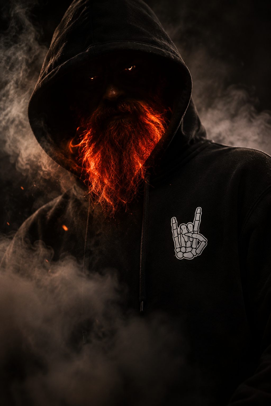 A man wearing a black hoodie with the hamsa hand design on it, hood up, with glowing red beard and dark eyes, surrounded by smoke or fog.