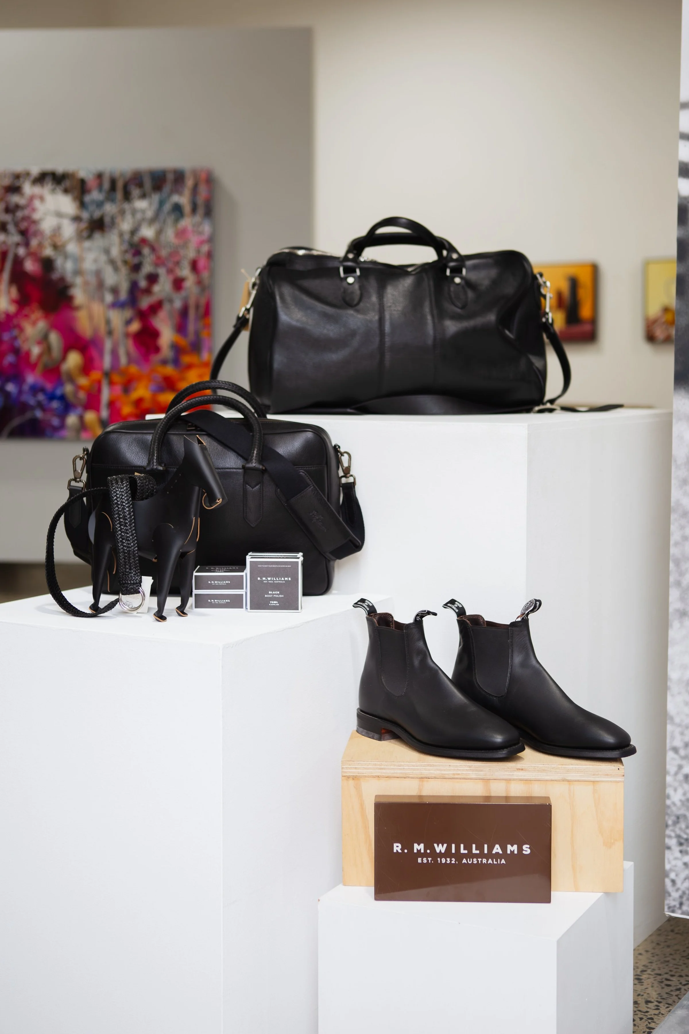 RM Williams Leather products on display in Michael Reid Gallery in Murrurundi taken by Eloise Moir Studio