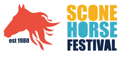 Logo for the Scone Horse Festival featuring a red horse head silhouette and bold text with the festival name and establishment year 1980.