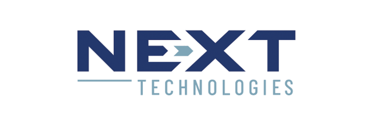 Next Technologies logo with the word 'Next' in bold dark blue letters, featuring an arrow inside the 'X', and 'Technologies' in smaller light gray text below.