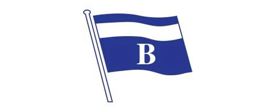 Blue flag with white stripes and a large letter B in the center, attached to a white pole.