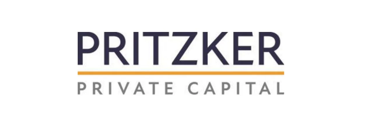 Pritzker Private Capital logo with the name in bold navy blue letters and a small orange line underneath, with the words 'Private Capital' in gray below.