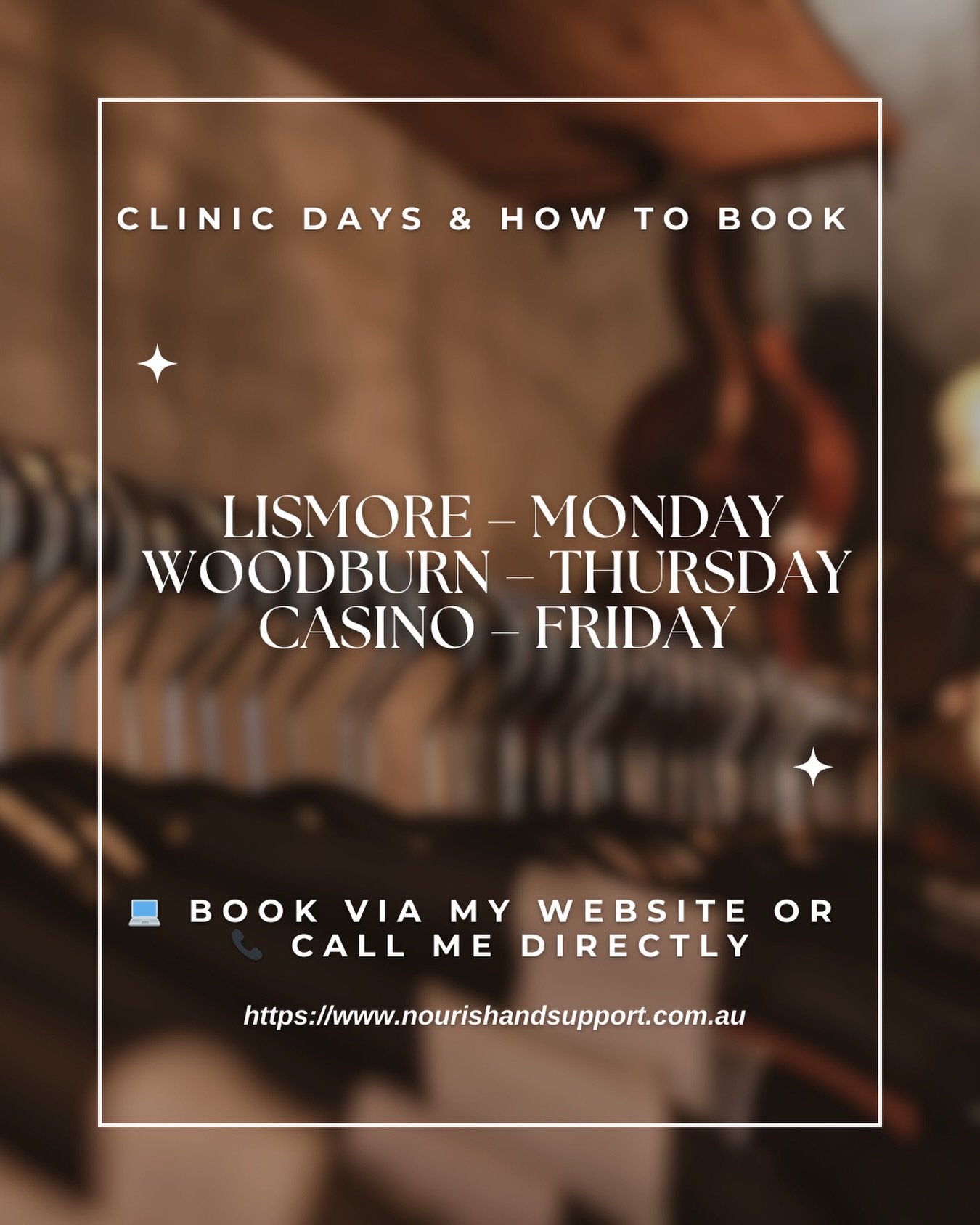 You&rsquo;ll find me in clinic &mdash; and at new locations very soon 👋✨
In-home visits available 🏠
Online consults also offered 📱
 Book or call via my website ⬇️
 https://www.nourishandsupport.com.au