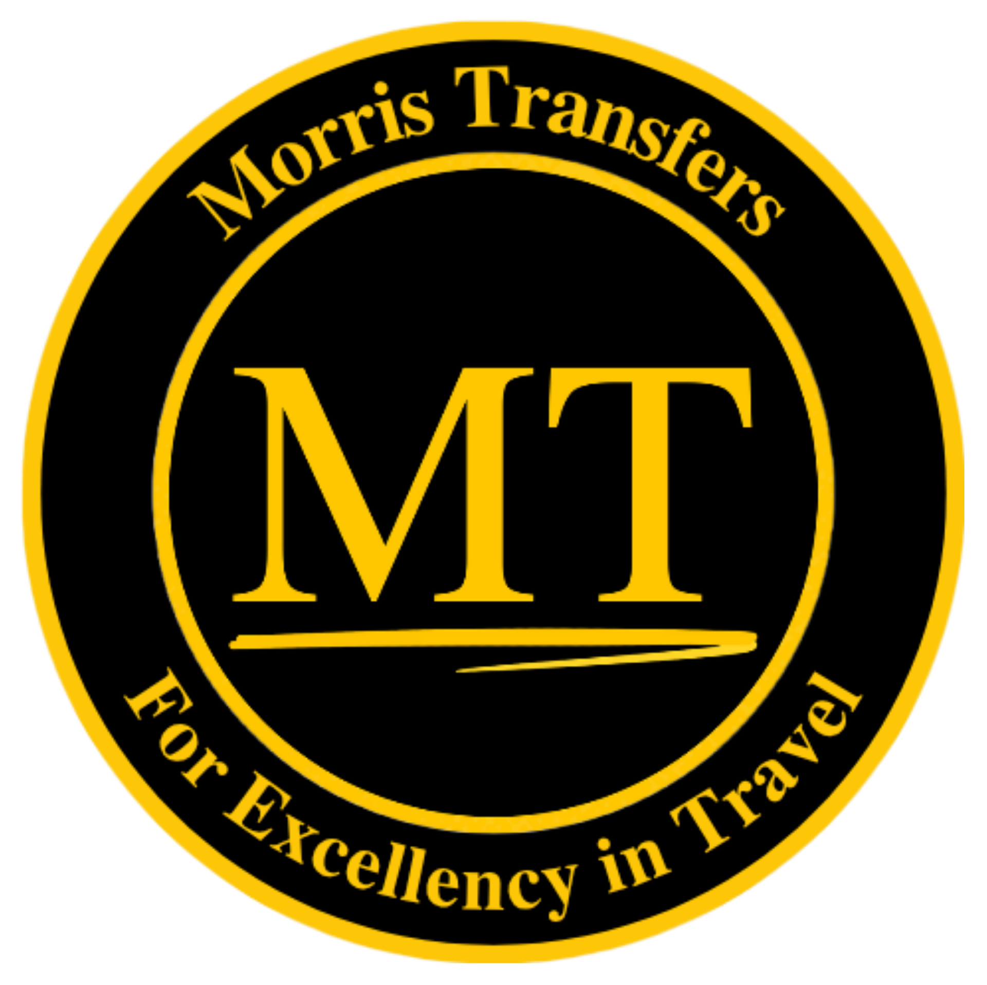 Black circular logo with gold border and text, reading 'Morris Transfers' at the top and 'For Excellency in Travel' at the bottom; large gold initials 'MT' in the center with a gold underline.