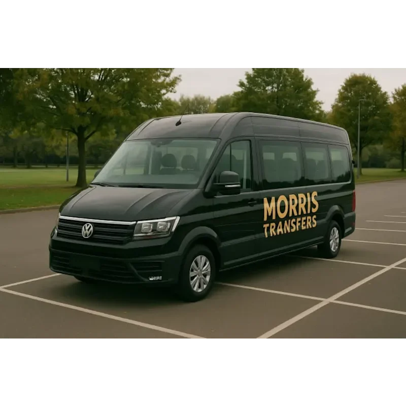 Black Morris Transfers minibus with gold branding, parked in a car park, used for UK airport transfers and private hire.