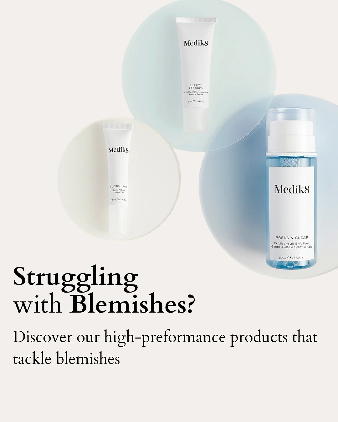 ✨Blemishes? We&rsquo;ve got your back.✨
Say hello to clear, calm, and confident skin with our Medik8 blemish-fighting trio:

▫️Press &amp; Clear &ndash; Gentle yet effective BHA toner to decongest pores and soothe inflammation
▫️Clarity Peptides &nda