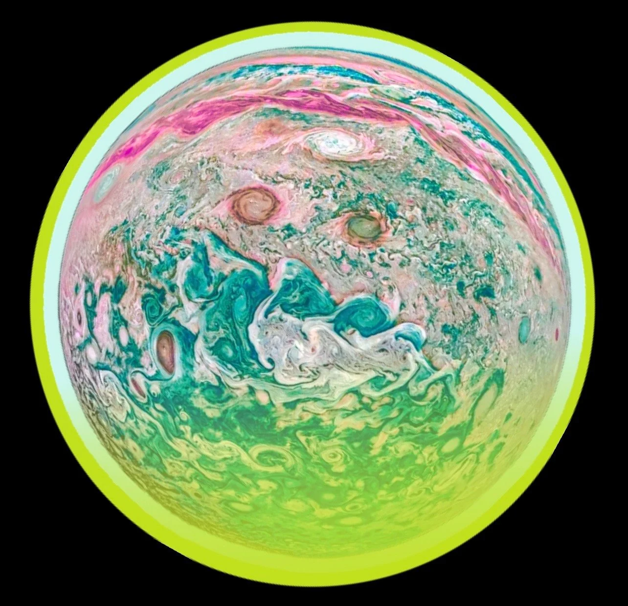 Colorful, abstract sphere with swirling pink, blue, green, and white patterns, resembling a stylized planet or marble design.