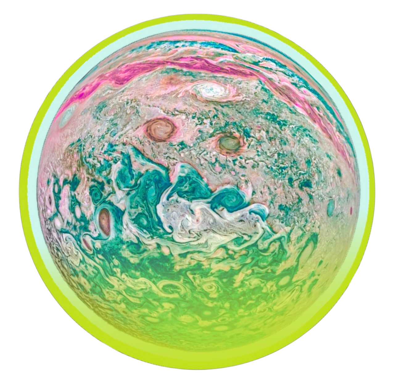 A colorful, abstract swirling image resembling a planet or globe with pink, blue, green, and white patterns, surrounded by a yellow-green outline on a black background.