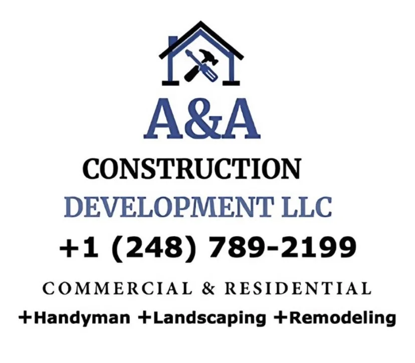Business card for A&A Construction Development LLC with a house logo featuring tools, phone number +1 248-789-2199, services including handyman, landscaping, remodeling, and options for commercial and residential projects.