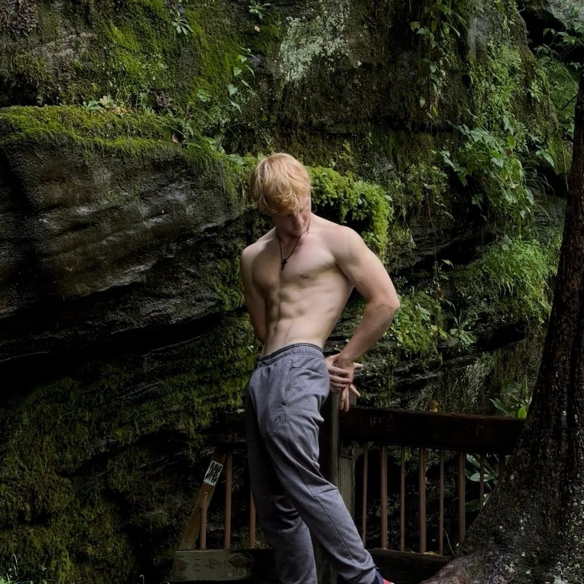 A shirtless young man with blond hair and a cross necklace standing outdoors near moss-covered rocks and trees, with one hand on his hip and looking down.