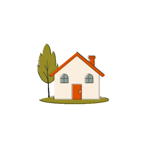 Illustration of a small house with a tree next to it on a grassy patch.