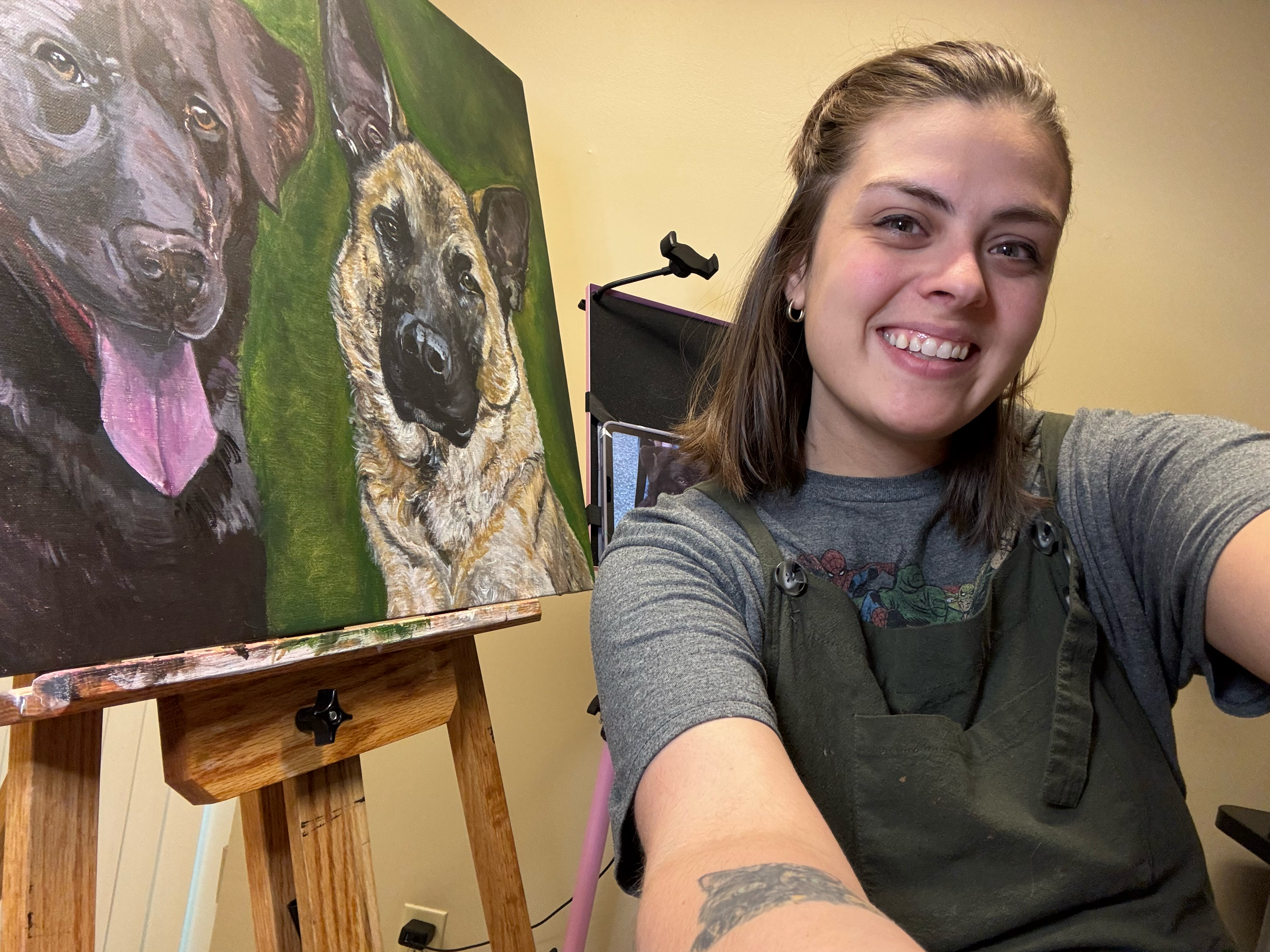 Cynthia with the in progress painting. June 28, 2025