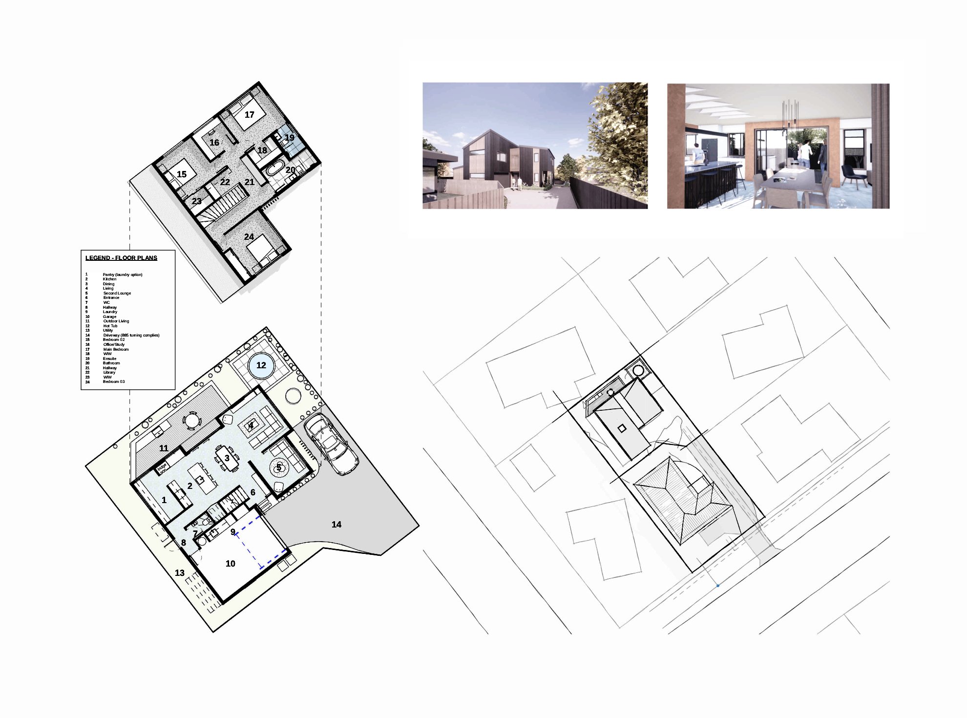 3D digital rendering of an infill house with a black roof, surrounded by a garden with trees and a patio area designed by Candela Architecture and located in Alexandra, Central Otago
