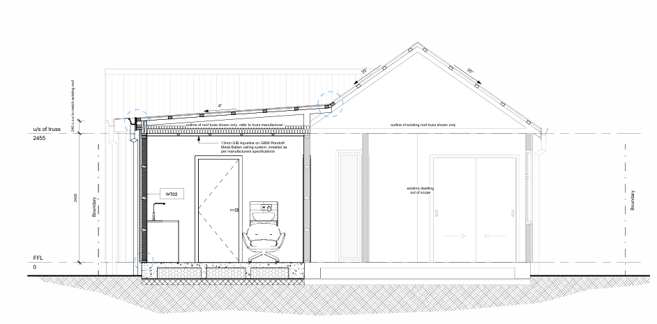 3D digital rendering of an infill house with a black roof, surrounded by a garden with trees and a patio area designed by Candela Architecture and located in Alexandra, Central Otago