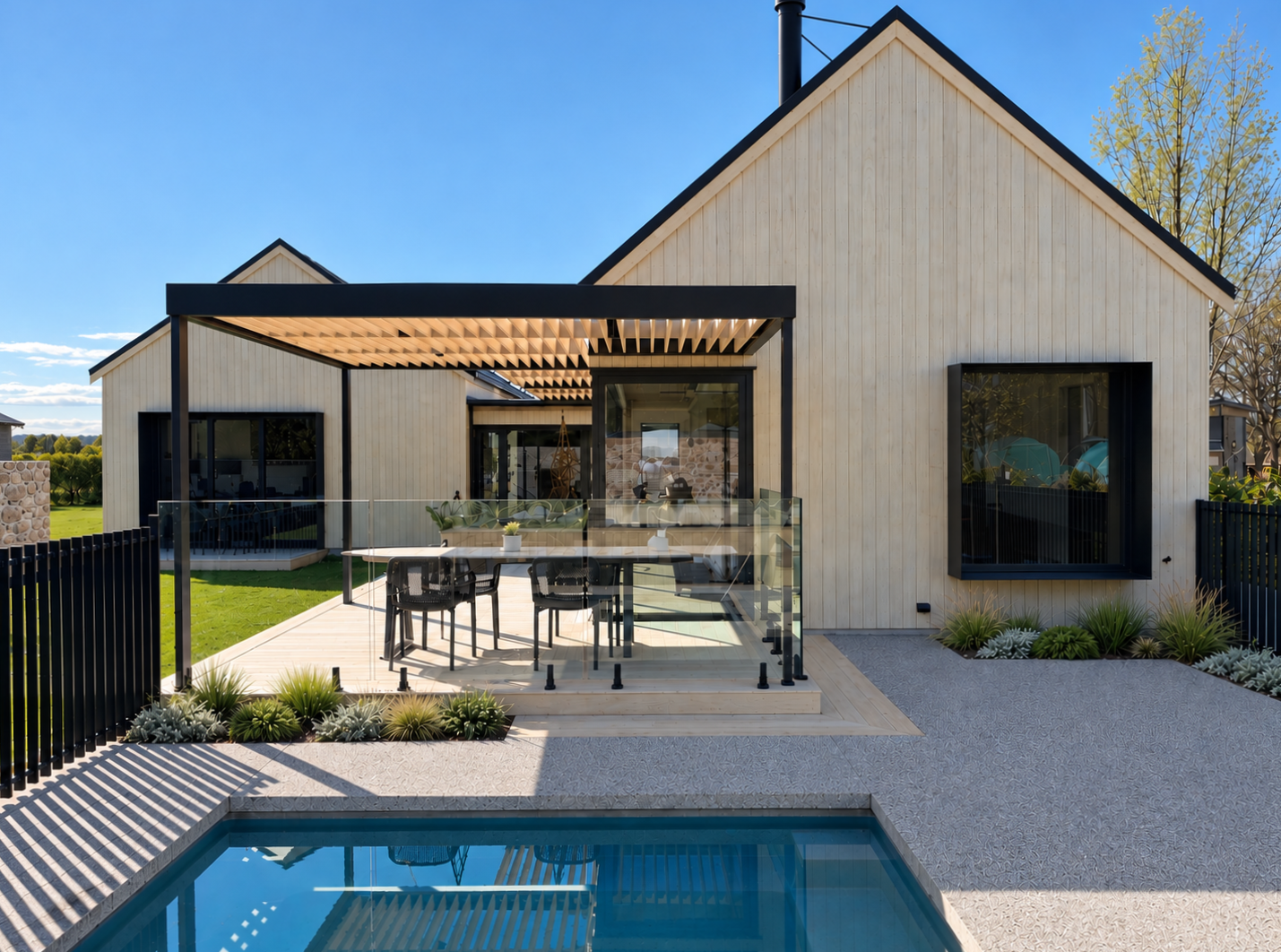 Modern house with a swimming pool, outdoor dining area with glass railing, and landscaped yard under a blue sky. Designed by Candela Architecture and located near Clyde in Central Otago