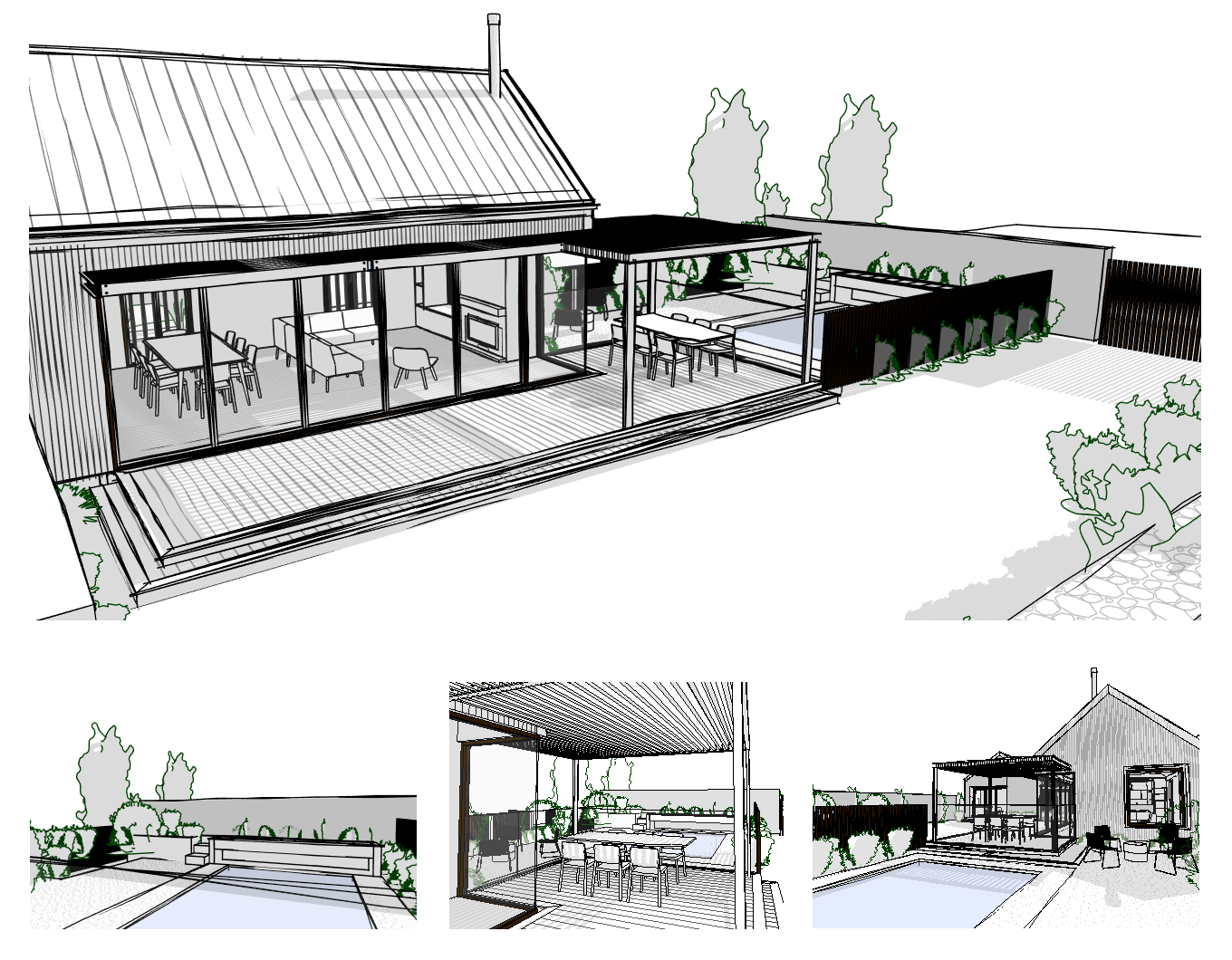 Architectural rendering of the private outdoor courtyard designed by Candela Architecture on a tight site in Alexandra. . Designed by the team at Candela Architecture working across Queenstown, Wanaka, Cromwell, Alexandra, and Invercargill.