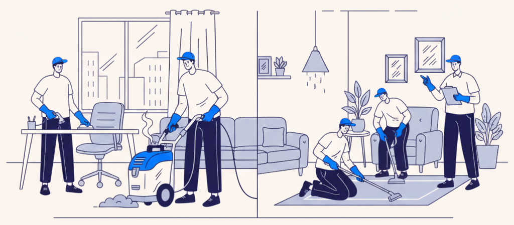 Illustration of five people cleaning an apartment. Two are vacuuming the floor, one dusting a desk, one mopping a rug, and one taking notes.
