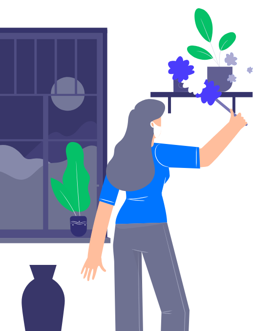 Woman watering a flower bouquet indoors near a window with plants and a vase.