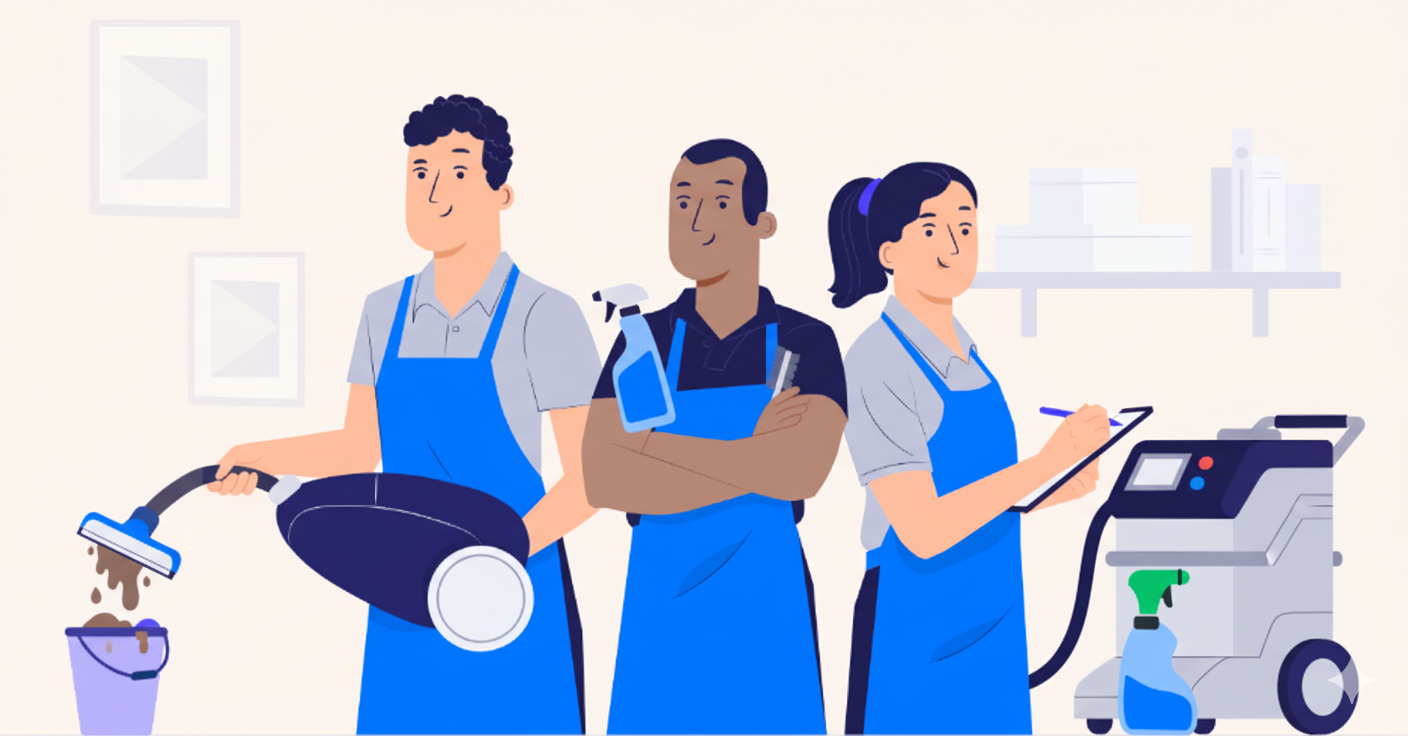 Three people wearing blue aprons working together in a cleaning or janitorial setting. One person vacuuming, another person holding a spray bottle and with arms crossed, and a third person writing on a clipboard near cleaning equipment.