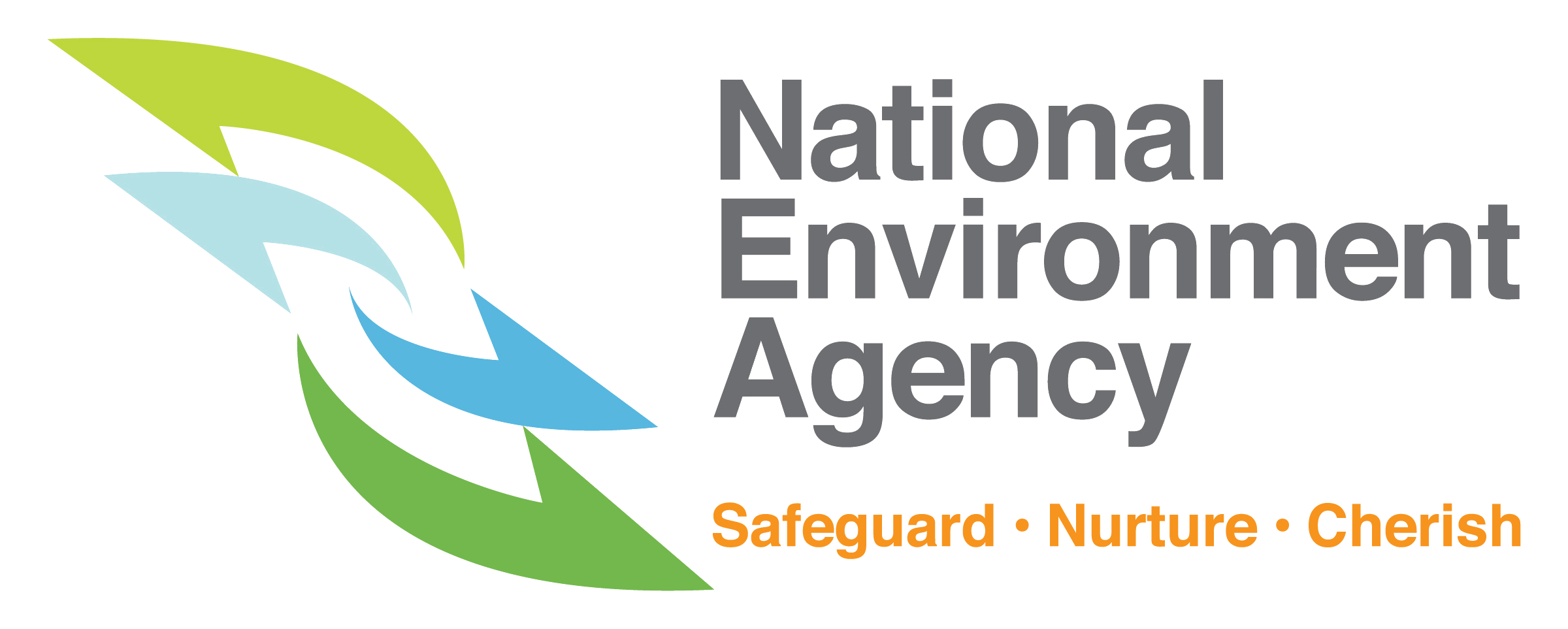 Logo of the National Environment Agency featuring stylized green and blue leaf-like shapes with the organization's name and orange text saying 'Safeguard Nurture Cherish'.