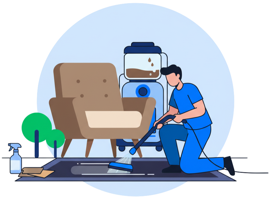 A person cleaning a carpet with a vacuum cleaner in a living room, with a brown armchair, a water dispenser, a small plant, and cleaning supplies nearby.