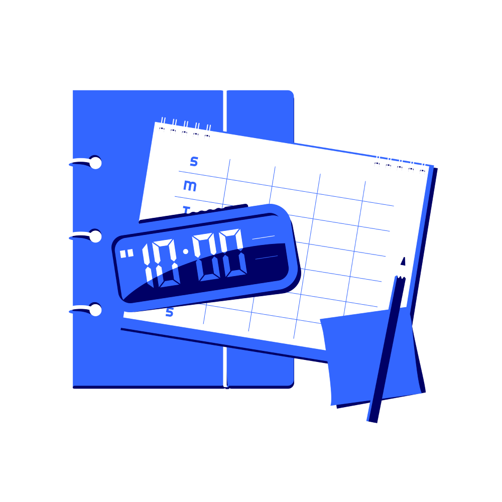 A digital alarm clock showing 10:00, placed on top of a planner or calendar with a weekly layout, next to a pen.
