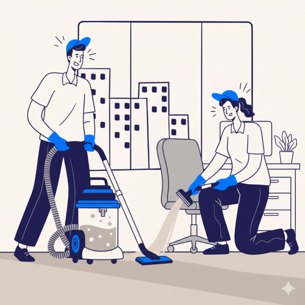 Two people cleaning an office with vacuum and vacuum cleaner, vacuuming carpet. They are wearing blue gloves and caps, with one kneeling and the other standing.